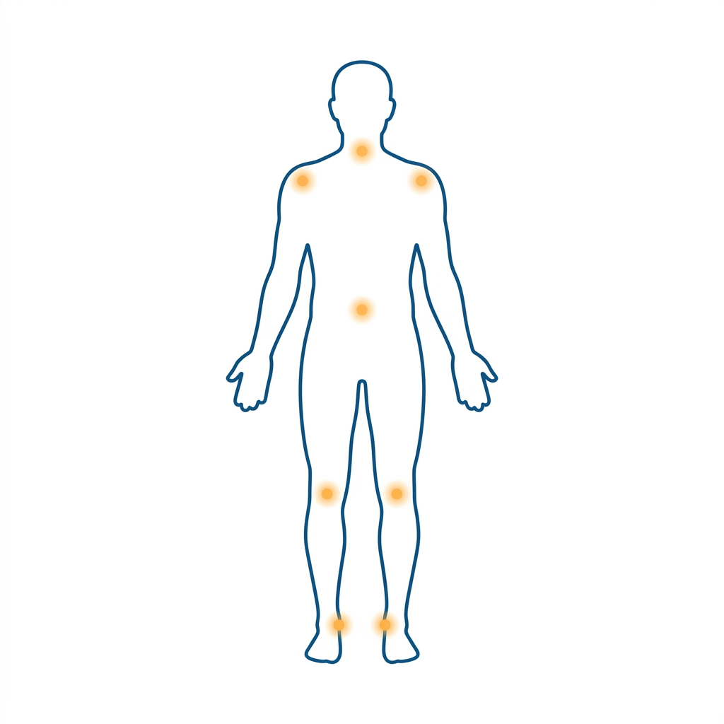 Ilustração de corpo humano com pontos de dor destacados
